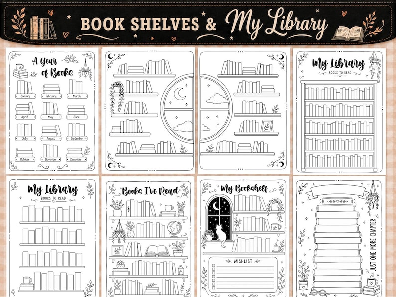 Pu&ograve; includere: Un set di otto pagine stampabili per il monitoraggio dei libri in bianco e nero con illustrazioni al tratto di librerie, registri di lettura e temi bibliotecari. Le pagine includono testi come A Year of Books, My Library, Books I've Read e My Bookshelf.
