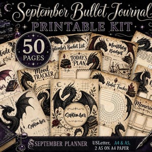 Vintage Dragon September Bullet Journal Printable Kit, Pre-colored Dragon 50 Page Planner Bundle, A4 A5 USLetter Monthly Planner