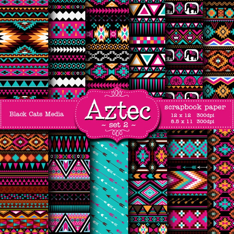 Aztec tribal ethnic digital Printable Papers 12 x 12 in AND 8.5x11 in  - weddings, invitations, scrapbooking, instant download 