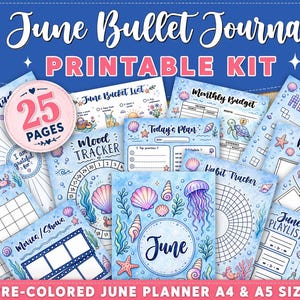 May include: A set of 25 pre-coloured printable journal pages with a blue watercolour theme. The pages include a mood tracker, habit tracker, and monthly budget. The text on the pages includes "June Bullet Journal" and "June Planner".