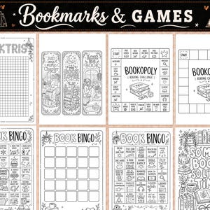 Pu&ograve; includere: Una raccolta di fogli di attivit&agrave; stampabili in bianco e nero con Booktris, segnalibri, sfide di lettura Bookopoly e schede di Book Bingo. I design includono varie illustrazioni a tema lettura, griglie e testo come So Many Books So Little Time.