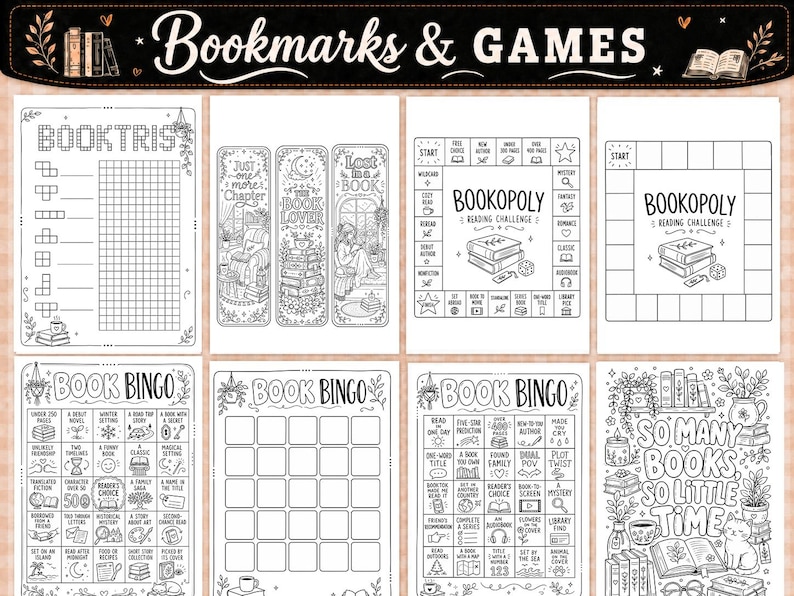Pu&ograve; includere: Una raccolta di fogli di attivit&agrave; stampabili in bianco e nero con Booktris, segnalibri, sfide di lettura Bookopoly e schede di Book Bingo. I design includono varie illustrazioni a tema lettura, griglie e testo come So Many Books So Little Time.