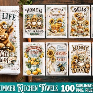 May include: A collection of white waffle-textured kitchen towels featuring various summer-themed illustrations including a Highland cow, gnomes, sunflowers, bees, lemons, and honeycombs, with decorative text such as Live Life in Full Bloom and Bee Kind.