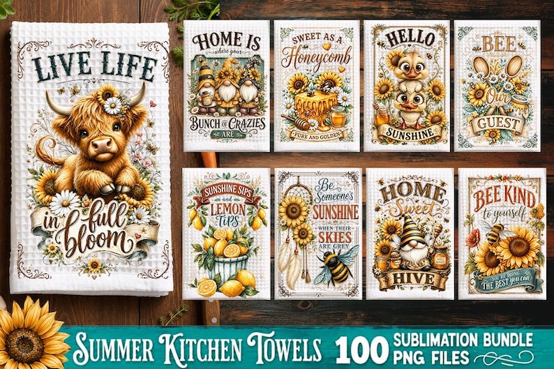 May include: A collection of white waffle-textured kitchen towels featuring various summer-themed illustrations including a Highland cow, gnomes, sunflowers, bees, lemons, and honeycombs, with decorative text such as Live Life in Full Bloom and Bee Kind.