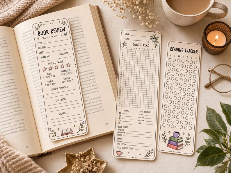 Pu&ograve; includere: Tre segnalibri in carta color crema con illustrazioni e testo in inchiostro nero. Un segnalibro &egrave; intitolato BOOK REVIEW, un altro DAYS I READ con una griglia, e il terzo READING TRACKER con cerchi. Ognuno include decorazioni floreali.