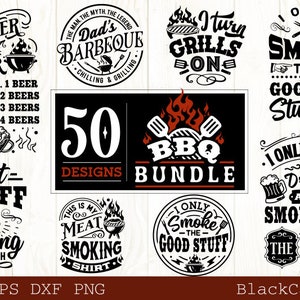May include: A collection of 50 BBQ and grilling designs in black and white. The designs feature various sayings and images related to grilling, smoking, and drinking beer. The designs are perfect for creating t-shirts, mugs, signs, and other crafts.