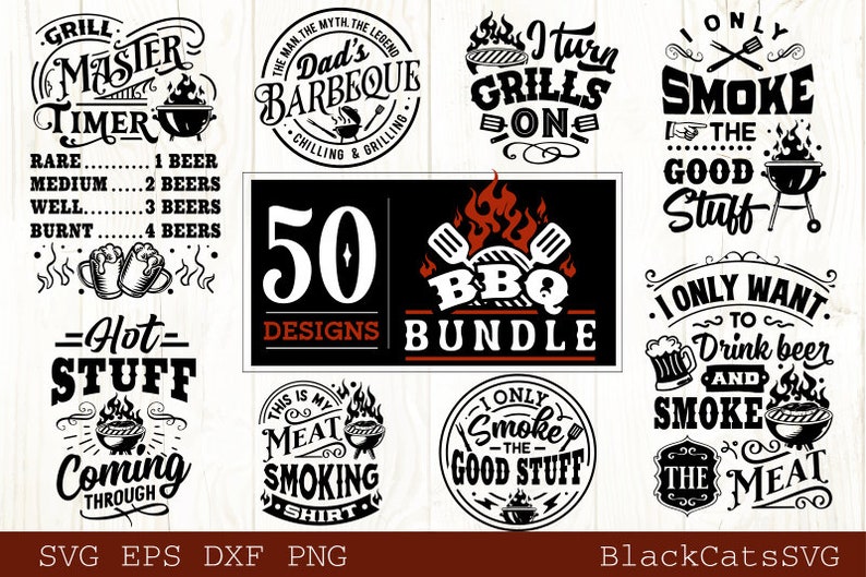 May include: A collection of 50 BBQ and grilling designs in black and white. The designs feature various sayings and images related to grilling, smoking, and drinking beer. The designs are perfect for creating t-shirts, mugs, signs, and other crafts.