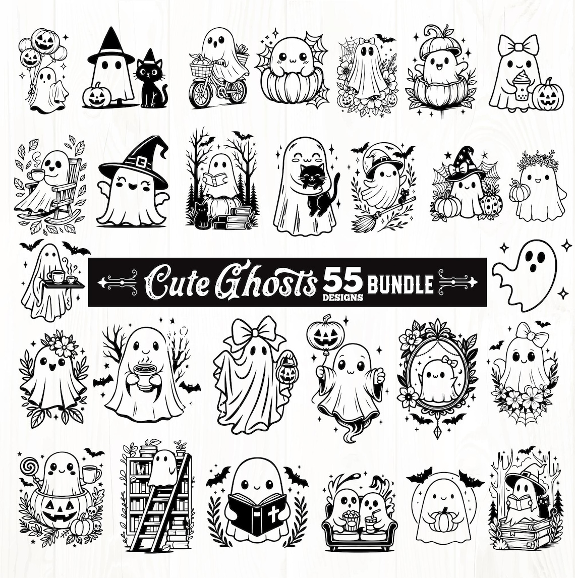 Cute Ghosts Bundle Svg, Ghosts SVG, Halloween Retro Ghosts PNG SVG ...