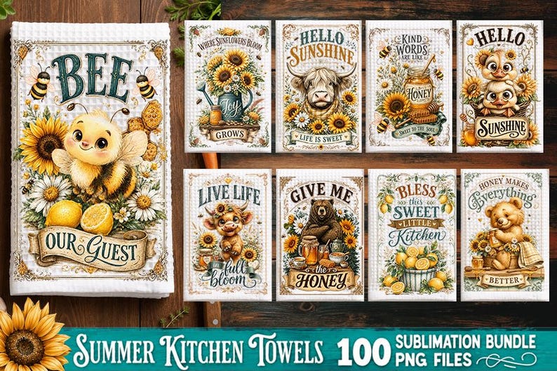 Summer Kitchen Towel Sublimation PNG Bundle – 100 Designs, Sunflower Kitchen towel Sublimation Bundle, Funny kitchen image 2