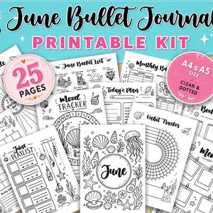 Utskrivbart Bullet Journal-kit för juni, 25-sidigt planerarpaket, A4 A5 månadsplanerare, humörspårare, vanespårare, Ocean Doodle-sidor