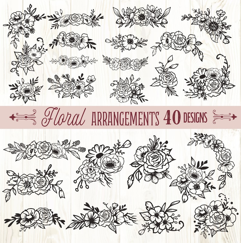 May include: A set of 40 black and white floral arrangements, perfect for crafting, scrapbooking, or digital design projects.  The designs feature various floral elements, including roses, leaves, and stems.
