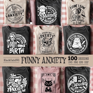 Paquete de ansiedad divertida (100 diseños SVG), paquete de ansiedad, paquete sarcástico, paquete de esqueletos divertidos, paquete de pensamientos excesivos