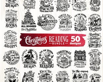 Könnte beinhalten: Eine Sammlung von 50 weihnachtlichen Lesemotiven in Schwarz und Weiß. Die Designs zeigen den Weihnachtsmann, Drachen, Bücher und festliche Sätze wie "All Booked for Christmas" und "Dear Santa, More Books Please".