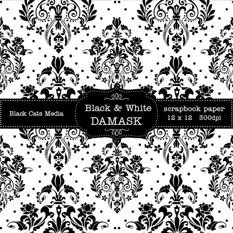 Black and WHITE DAMASK DIGITAL 12 X 12 in and 8.5x11 in Etsy
