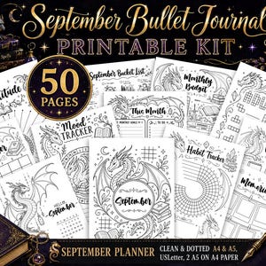 May include: A 50-page September Bullet Journal printable kit featuring dragon-themed illustrations. The pages include a September bucket list, monthly budget, mood tracker, habit tracker, and calendar layouts with black and white line art designs.