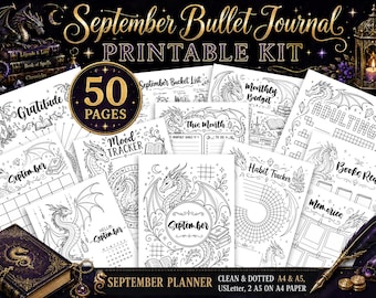 Dragon September Bullet Journal Printable Kit, Dragon 50 Page Planner Bundle, A4 A5 USLetter Monthly Planner, Mood Tracker, Habit Tracker