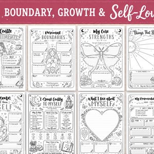 May include: A set of eight black and white printable worksheets titled Boundary, Growth & Self-Love. Each page features hand-drawn illustrations, floral accents, and prompts for personal reflection, including sections for commitments, strengths, and joy.