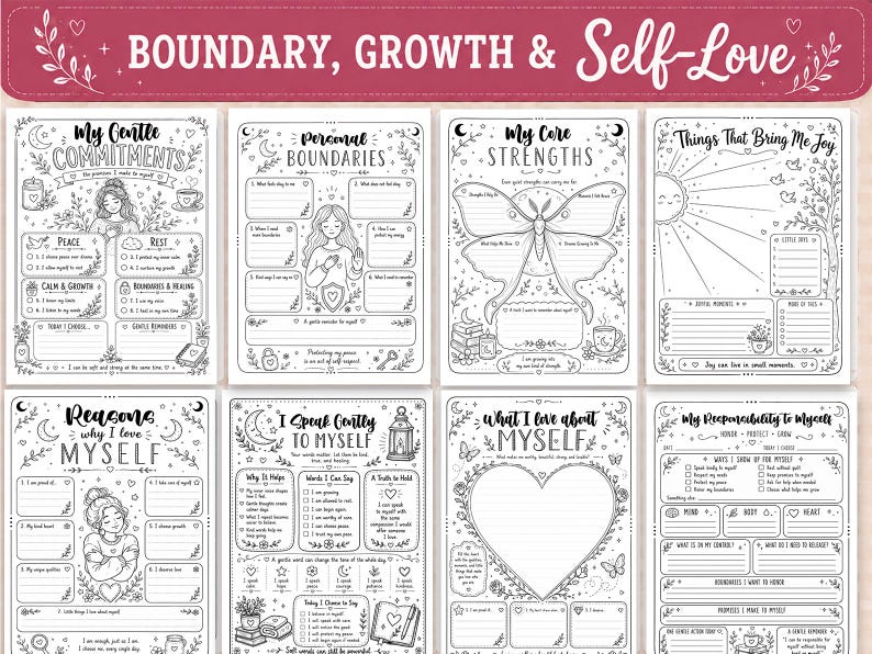 May include: A set of eight black and white printable worksheets titled Boundary, Growth & Self-Love. Each page features hand-drawn illustrations, floral accents, and prompts for personal reflection, including sections for commitments, strengths, and joy.