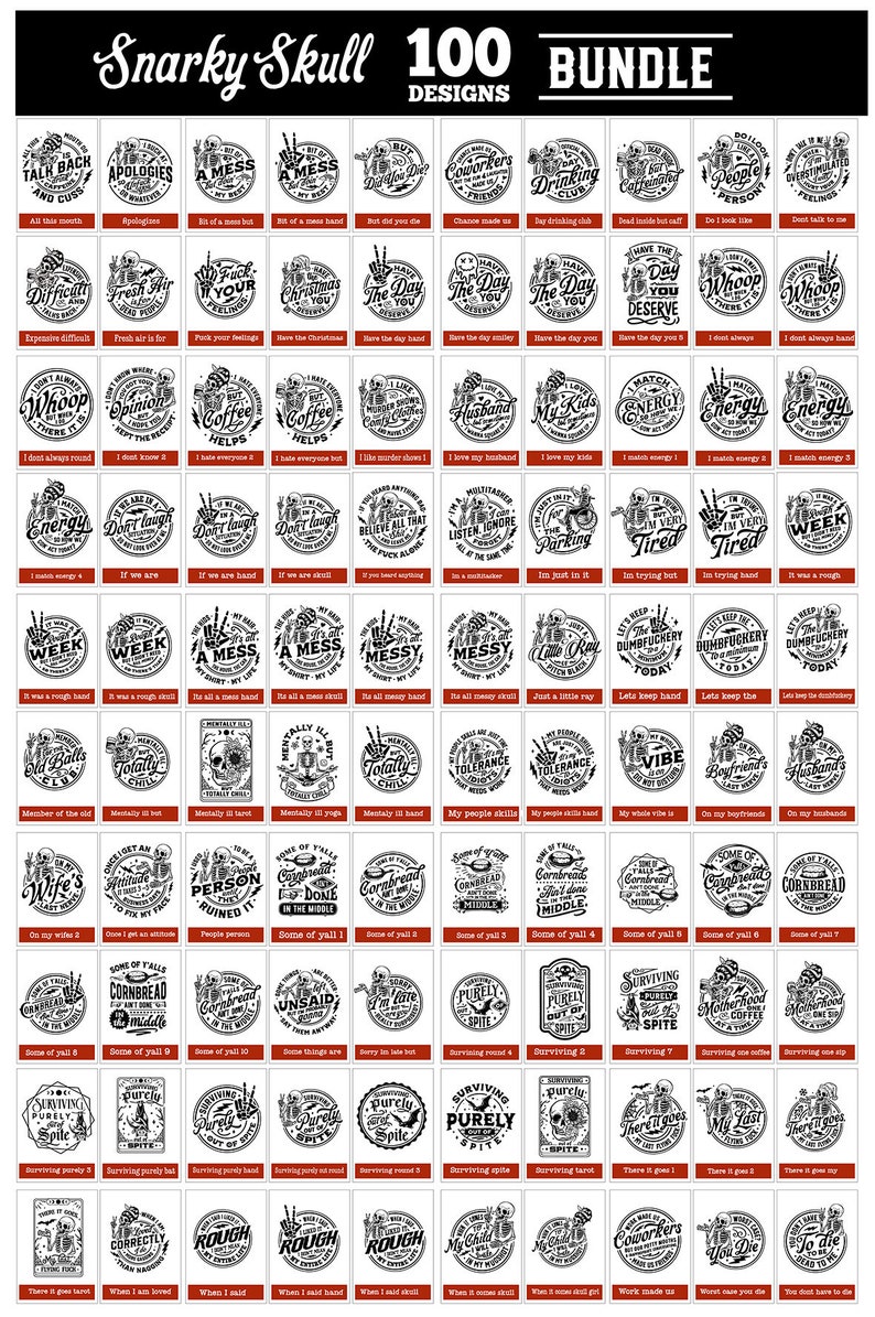 May include: A set of 100 black and white circular designs featuring humorous and sarcastic quotes. The designs are perfect for creating t-shirts, mugs, tote bags, and other merchandise.
