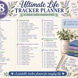 May include: A printable Ultimate Life Tracker Planner with 88 trackers listed in categories like wellness, finance, and health. The design features lavender accents, a spiral-bound notebook with the text Small Steps Still Count, and four stacked books.