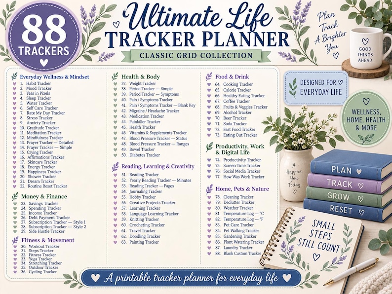 May include: A printable Ultimate Life Tracker Planner with 88 trackers listed in categories like wellness, finance, and health. The design features lavender accents, a spiral-bound notebook with the text Small Steps Still Count, and four stacked books.