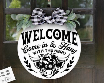 Highland cow door hanger svg, Highland cow round svg, Welcome sign svg, Cow Head SVG, Front door hanger svg, Farmhouse Cow Sign Svg