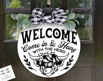 Highland cow door hanger svg, Highland cow round svg, Welcome sign svg, Cow Head SVG, Front door hanger svg, Farmhouse Cow Sign Svg