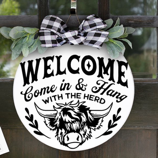 Highland cow door hanger svg, Highland cow round svg, Welcome sign svg, Cow Head SVG, Front door hanger svg, Farmhouse Cow Sign Svg