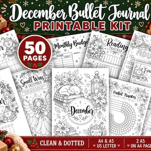 May include: A December bullet journal printable kit featuring 50 pages of black and white line art designs. The pages include monthly calendars, habit trackers, reading logs, and budget sheets with holiday-themed illustrations like poinsettias.