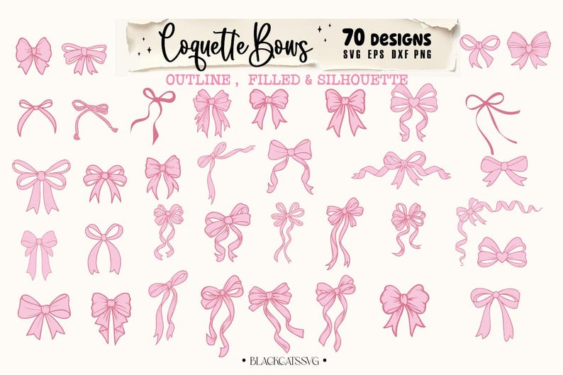 May include: 70 pink bow designs in outline, filled, and silhouette styles. Coquette Bows SVG EPS DXF PNG.