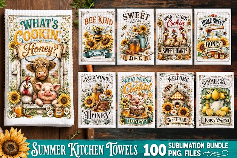 Summer Kitchen Towel Sublimation PNG Bundle – 100 Designs, Sunflower Kitchen towel Sublimation Bundle, Funny kitchen image 11