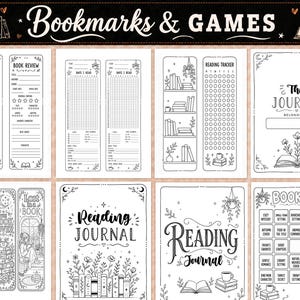 Pu&ograve; includere: Una collezione di pagine stampabili per diario di lettura e segnalibri con illustrazioni in bianco e nero. I fogli includono recensioni di libri, tracker di lettura, una griglia di bingo e copertine con testo come Bookmarks & Games.