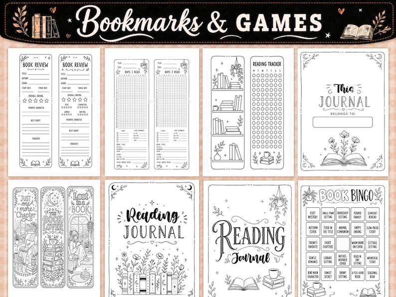 Pu&ograve; includere: Una collezione di pagine stampabili per diario di lettura e segnalibri con illustrazioni in bianco e nero. I fogli includono recensioni di libri, tracker di lettura, una griglia di bingo e copertine con testo come Bookmarks & Games.