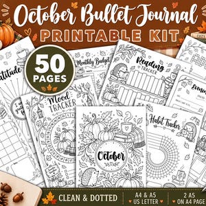 May include: A printable bullet journal kit featuring 50 pages with black and white line art designs. The pages include themes of hedgehogs, pumpkins, and autumn leaves, with sections for gratitude, mood tracking, reading, and habits in A4 and A5 metric sizes.