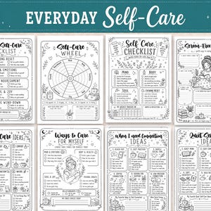 May include: A collection of eight black and white printable self-care worksheets featuring the title Everyday Self-Care. The pages include a Daily Self-Care Checklist, Self-Care Wheel, Screen-Free Activities, Self-Care Ideas, Ways to Care for Myself, When I Need Connection Ideas, and Quiet Self-Care Ideas with various icons and prompts.