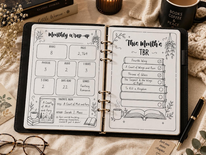 Pu&ograve; includere: Un'agenda ad anelli aperta che mostra una pagina Monthly Wrap-up con statistiche e una pagina This Month's TBR con un elenco di libri. Il layout stampato in bianco e nero include sezioni per libri, pagine, generi e una voce per il libro preferito A Court of Mist and Fury di Sarah J. Maas, insieme a un elenco di titoli come Fourth Wing e Throne of Glass.