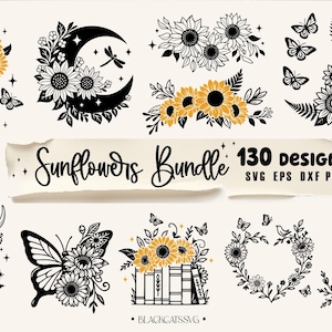 May include: A bundle of 130 sunflower designs in black and yellow. The designs include sunflowers in a variety of styles, including dreamcatchers, butterflies, and wreaths. The text "Sunflowers Bundle: 130 Designs SVG EPS DXF PNG" is included in the image.