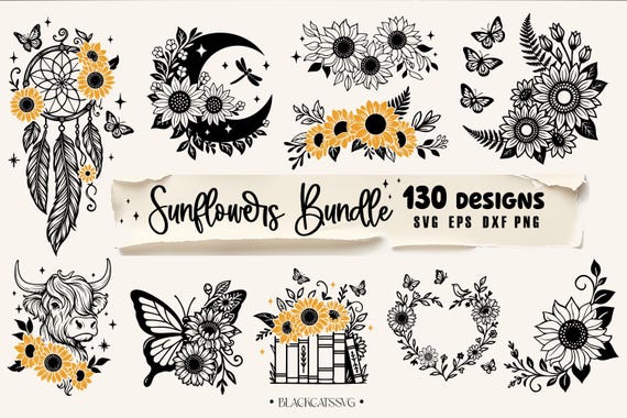 Sunflower Bundle 130 designs SVG, Sunflowers svg, Boho sunflowers svg bundle, Sunflowers clipart svg