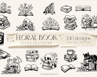 Floral Books 130 designs SVG, Floral books svg, Books bundle svg, Pile of books bundle svg, Book dragon svg