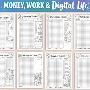 May include: A set of eight black and white printable tracker sheets titled Money, Work & Digital Life. Each page features a grid for daily logging and themed illustrations, including Savings, Spending, Productivity, Side Hustle, Subscription, Debt Payment, Income, and Screen Time trackers.