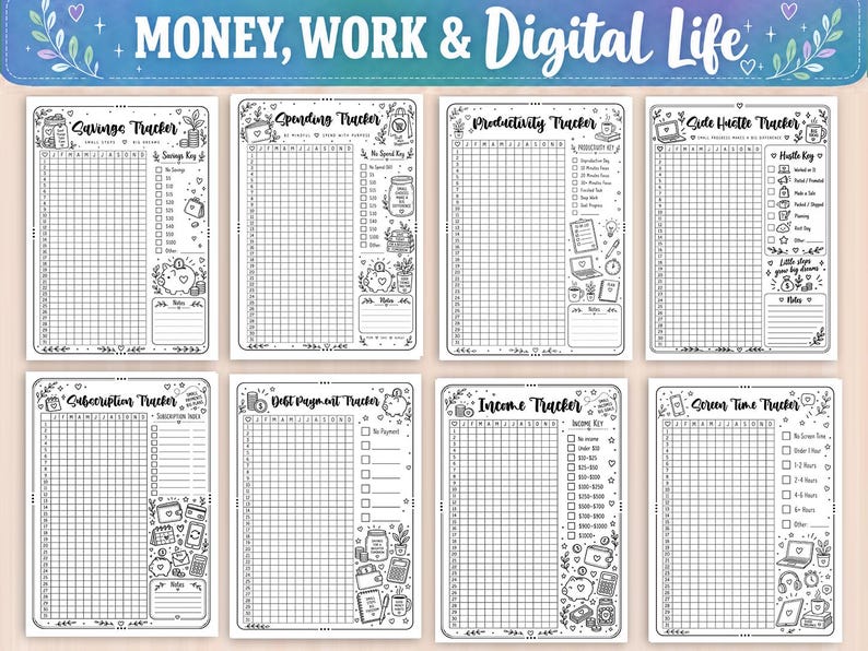 May include: A set of eight black and white printable tracker sheets titled Money, Work & Digital Life. Each page features a grid for daily logging and themed illustrations, including Savings, Spending, Productivity, Side Hustle, Subscription, Debt Payment, Income, and Screen Time trackers.