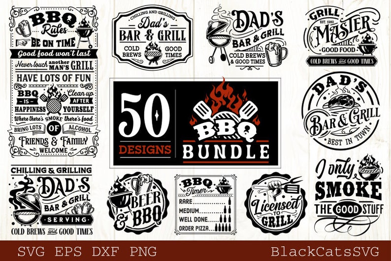 May include: A collection of 50 black and white BBQ-themed designs, including logos, signs, and illustrations. The designs feature text such as "BBQ Rules", "Dad's Bar & Grill", and "I Only Smoke The Good Stuff".