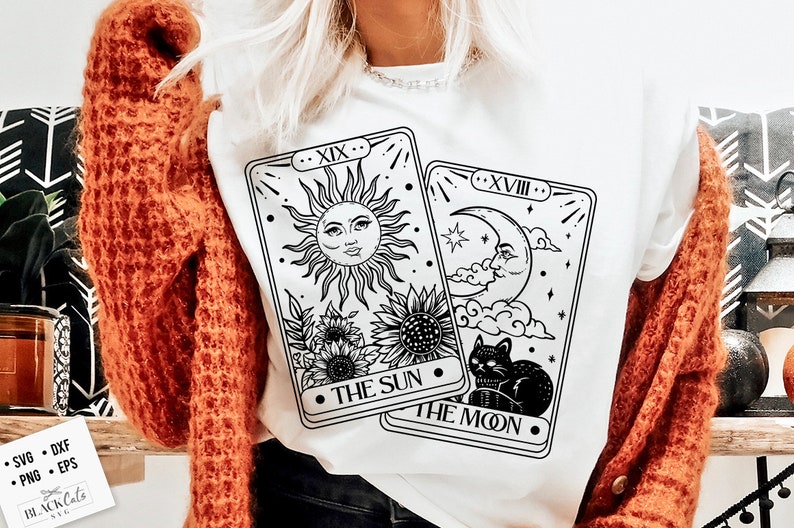 Tarot cards sun and moon SVG, Tarot svg, Tarot cards svg,Magic illustration svg, Witchcraft svg, Boho svg, Boho illustration svg, image 1