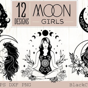 Pode incluir: Doze ilustrações em preto e branco de meninas da lua. Cada design apresenta uma mulher com cabelo comprido, uma lua crescente e elementos florais. O texto "12 Designs - Moon Girls" está no topo da imagem.