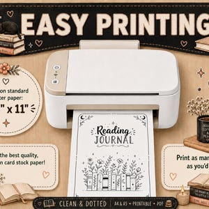 Pu&ograve; includere: Una stampante da scrivania bianca e beige che stampa una pagina intitolata Reading Journal con illustrazioni di fiori e libri. L'immagine include testo sulla stampa su carta A4 e A5, cartoncino e copie illimitate.