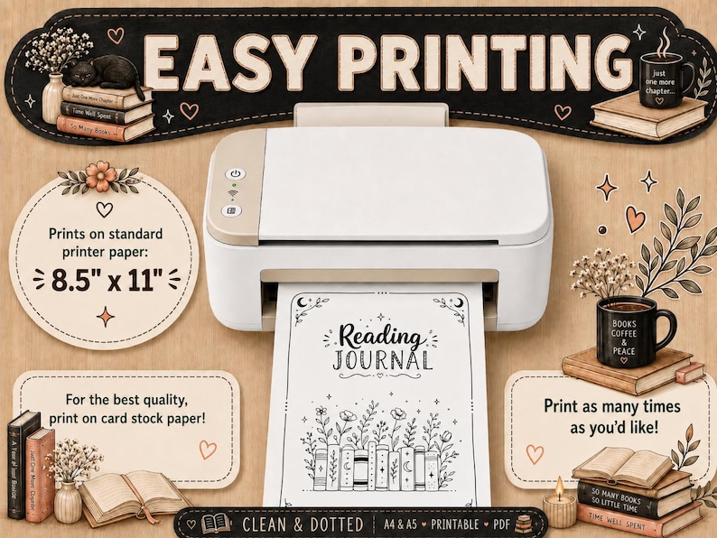 Pu&ograve; includere: Una stampante da scrivania bianca e beige che stampa una pagina intitolata Reading Journal con illustrazioni di fiori e libri. L'immagine include testo sulla stampa su carta A4 e A5, cartoncino e copie illimitate.