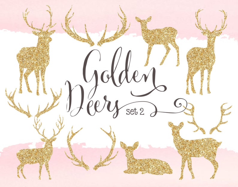 Golden Glitter Deer Cliparts Gold Deer Silhouettes Antlers Etsy