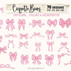 May include: A set of 70 pink bow designs in outline, filled, and silhouette styles. The designs are perfect for crafting, scrapbooking, and digital projects. SVG EPS DXF PNG.