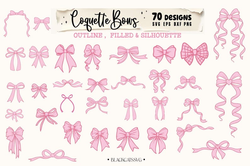 May include: A set of 70 pink bow designs in outline, filled, and silhouette styles. The designs are perfect for crafting, scrapbooking, and digital projects. SVG EPS DXF PNG.
