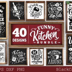 May include: A collection of framed kitchen signs with humorous quotes in white lettering on black and red backgrounds. The signs feature phrases like "My cooking is so awesome" and "Funny Kitchen Bundle".